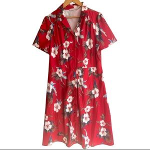 Belle Poque Red Floral Hawaiian Button-Front Midi Dress